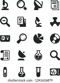 Solid Black Vector Icon Set - magnifier vector, zoom out, round flask, radiation, satellite dish, antenna, ring diagram, pie charts, statistical research, article, scientific publication, test tube