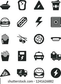 Solid Black Vector Icon Set - lightning vector, dangers, car, delivery, pizza, piece of, Hot Dog, mini, big burger, a bowl buckwheat porridge, French fries, fried potato slices, Chinese chopsticks