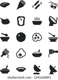 Solid Black Vector Icon Set - deep plate with a spoon vector, plates and spoons, spaghetti, noodles, bowl of buckwheat porridge, rice, hot, chicken, grill leg, chop, meat on skewers, cabbage