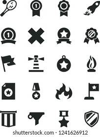 Solid Black Vector Icon Set - cross vector, flag, lighthouse, water filter, space rocket, flame, medal, star, with pennant, ribbon, hero, certificate, tennis, shield
