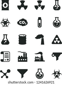 Solid Black Vector Icon Set - round flask vector, manufacture, factory, oil, barrel, industrial building, radiation, carbon dyoxide, filter, water, research article, test tube, molecule, nuclear