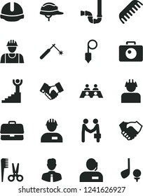 Solid Black Vector Icon Set - accessories for a hairstyle vector, comb, builder, workman, siphon, construction helmet, plummet, employee, camera, welding, briefcase, hand shake, handclasp, agreement