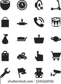 Solid Black Vector Icon Set - clock face vector, paper bag, silent mode, small teddy bear, drum, child Kick scooter, index finger, flag, cart, planet, cake slice, pear, half of coconut, autopilot