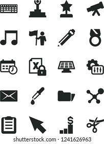 Solid Black Vector Icon Set - graphite pencil vector, encrypting, keyboard, folder, note, mail, schedule clock, settings, cursor, telescope, molecule, pipette, clipboard, sun panel, winner podium