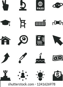 Solid Black Vector Icon Set - house vector, a chair for feeding child, cake, passport, keyboard, motherboard, cursor, microscope, bulb, pipette, artifical insimination, saturn, resistor, graduate