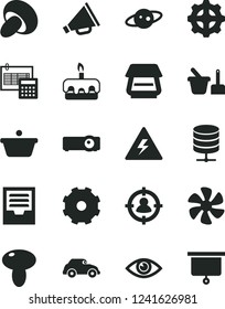 Solid Black Vector Icon Set - truck lorry vector, danger of electricity, horn, archive, toy sand set, calculation, eye, big data server, mushroom, porcini, torte, marine propeller, gear, retro car