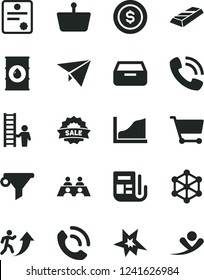 Solid Black Vector Icon Set - drawer vector, phone call, oil, cart, shopping basket, water filter, morning paper, sale, conversation, growth graph, patente, 3d cube, bang, man arrow up, with ladder