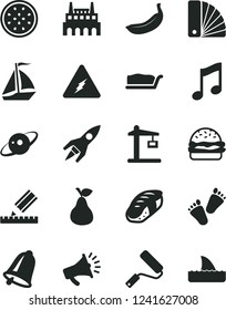 Solid Black Vector Icon Set - children's tracks vector, new roller, color samples, drawing, bell, music, burger, cake slice, sushi, pear, banana, half of passion fruit, industrial factory, horn