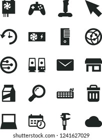 Solid Black Vector Icon Set - package vector, caliper, stall, notebook pc, keyboard, power supply, tower, speaker, network, trash bin, magnifier, joystick, mail, history, schedule clock, cursor