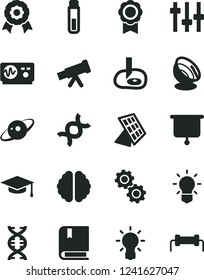 Solid Black Vector Icon Set - vector e, test tube, telescope, dna, bulb, brain, gears, settings, oscilloscope, graduate hat, artifical insimination, medal, sun panel, satellite antenna, saturn