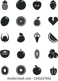 Solid Black Vector Icon Set - broken heart vector, cone, orange slice, tasty apple, raspberry, blueberries, delicious plum, sweet date fruit, yellow lemon, kiwi, half of, guawa, coconut, pineapple
