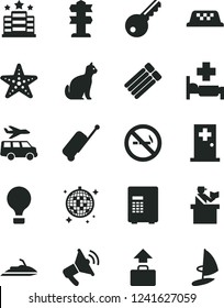 Solid Black Vector Icon Set - taxi vector, air balloon, passort control, rolling case, baggage, disco ball, hospital bed, medical room, starfish, hotel, transfer, pets, key, safe, no smoking sign