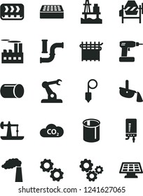 Solid Black Vector Icon Set - concrete mixer vector, cordless drill, brick, plummet, electronic boiler, sea port, oil derrick, water pipes, manufacture, industrial building, conveyor, cloth industry