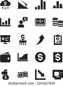 Solid Black Vector Icon Set - negative chart vector, coins, bar, recession, statistical overview, dollar, financial item, wallet, cash, report, growth graph, money bag hand, arrow up, rain, column