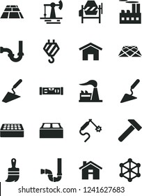 Solid Black Vector Icon Set - house vector, hook, trowel, building, concrete mixer, wooden paint brush, siphon, sewerage, level, brick, block, paving slab, pavement, hammer, home, factory, 3d cube