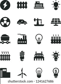 Solid Black Vector Icon Set - incandescent lamp vector, radiator, new, solar panel, oil derrick, modern gas station, windmill, bulb, hydroelectric, industrial building, factory, energy saving, idea