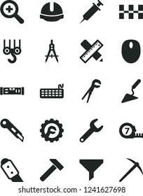 Solid Black Vector Icon Set - zoom vector, winch hook, building trowel, adjustable wrench, long meashuring tape, level, writing accessories, ceramic tiles, construction helmet, star gear, knife