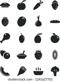 Solid Black Vector Icon Set - loaf vector, pie, a bowl of buckwheat porridge, hot, chicken leg, grill, carrot, blueberries, ripe peach, raspberry, blackberry, tasty, mulberry, slice melon, loquat