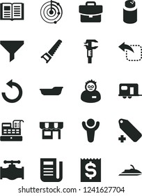 Solid Black Vector Icon Set - counterclockwise vector, add label, powder, bath, hand saw, book, suitcase, kiosk, move left, valve, caliper, filter, financial item, newspaper, cash machine, scientist