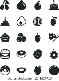 Solid Black Vector Icon Set - birthday cake vector, big burger, muffin, with a hole, glazed, plate of milk, sushi set, fried egg, strawberries, strawberry, cornels, fig, blueberries, mulberry, lemon