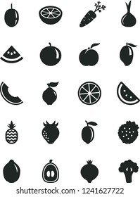 Solid Black Vector Icon Set - strawberries vector, a pineapple, orange slice, ripe peach, quince, strawberry, medlar, of melon, mango, tangerine, half loquat, passion fruit, lemon, lime, grapefruit