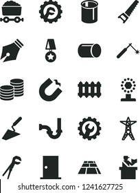Solid Black Vector Icon Set - trowel vector, adjustable wrench, hand saw, sewerage, ntrance door, gear, star, paving slab, new radiator, coins, power line, horseshoe magnet, pipe, pipes, welding