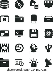 Solid Black Vector Icon Set - floppy disk vector, folder bookmark, estimate, CD, big data, address book, pass card, drawer, agenda, financial report, radiator fan, usb, flash, network, browser