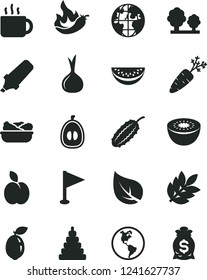 Solid Black Vector Icon Set - pennant vector, stacking toy, lettuce in a plate, cup of tea, apple, water melon slice, half loquat, kiwi, sour lime, hot pepper, onion, carrot, cucumber, leaf, trees