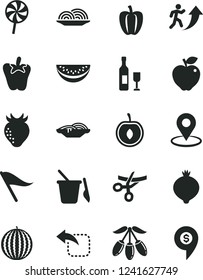 Solid Black Vector Icon Set - wind direction indicator vector, children's sand set, move left, onion, slices of, peper, lollipop, red apple, strawberry, medlar, water melon, goji berry, slice, wine