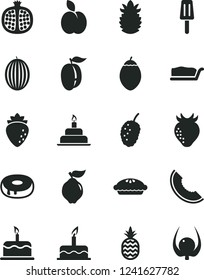 Solid Black Vector Icon Set - cake vector, birthday, slice, with a hole, pie, popsicle, pineapple, apple, half pomegranate, quince, raspberry, strawberry, tasty mulberry, melon, of, ripe plum