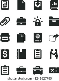 Solid Black Vector Icon Set - clip vector, briefcase, clean sheet of paper, download archive data, suitcase, notebook, passport, folder, move right, statistical report, financial item, scanner