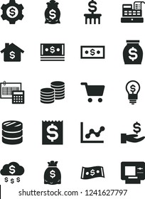 Solid Black Vector Icon Set - graph vector, calculation, coins, shopping cart, column of, financial item, get a wage, money, dollars, cash, dollar, machine, rain, mortgage, bag, gear, idea, atm