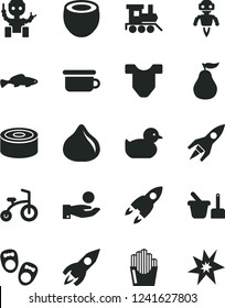 Solid Black Vector Icon Set - Child T shirt vector, baby duckling, toy sand set, children's potty, train, bicycle, shoes for little children, canned goods, fried potato slices, small fish, fig, bang