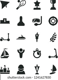 Solid Black Vector Icon Set - Kick scooter vector, child, pedestal, racer, stopwatch, flame torch, winner, laurel branch, gold cup, pawn, star reward, pennant, aim, sail boat, hang glider, tennis