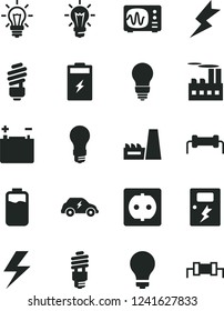 Solid Black Vector Icon Set - lightning vector, matte light bulb, saving, dangers, charge level, charging battery, accumulator, power socket, industrial building, thermal plant, energy, oscilloscope