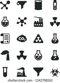 Solid Black Vector Icon Set - round flask vector, manufacture, factory, barrel, industrial building, radiation, carbon dyoxide, filter, water, research article, test tube, molecule, nuclear