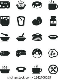Solid Black Vector Icon Set - deep plate with a spoon vector, coffee, sausage, piece of cheese, eggs, cake hole, glazed, bowl buckwheat porridge, in saucepan, hot, milk, cup tea, glass, omelette