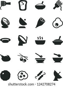 Solid Black Vector Icon Set - deep plate with a spoon vector, plates and spoons, spaghetti, noodles, bowl of buckwheat porridge, rice, hot, chicken, grill leg, meat on skewers, cabbage, fried egg