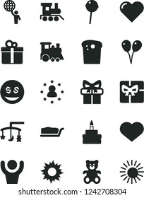 Solid Black Vector Icon Set - heart symbol vector, toys over the cradle, teddy bear, baby toy train, children's, colored air balloons, gift, Easter cake, slice, birthday, Chupa Chups, giftbox, sun