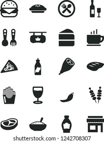 Solid Black Vector Icon Set - plastic fork spoons vector, coffee, fried vegetables on sticks, piece of pizza, big burger, cake, pie, a bowl rice porridge, grill chicken leg, bacon, chop, glass, wine
