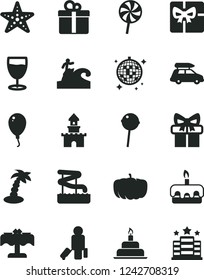 Solid Black Vector Icon Set - balloon vector, birthday cake, gift, torte, Chupa Chups, lollipop, glass, pumpkin, giftbox, sand castle, car baggage, passenger, palm tree, disco ball, aquapark, hotel
