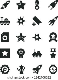 Solid Black Vector Icon Set - add bookmark vector, star gear, space rocket, lunar rover, bang, cup, medal, hero, ribbon, certificate, starfish, compass