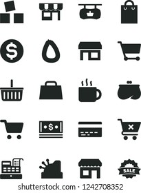 Solid Black Vector Icon Set - grocery basket vector, bank card, cubes for children, crossed cart, kiosk, stick of sausage, cup tea, stall, shopping, antique advertising signboard, dollar, purse, bag