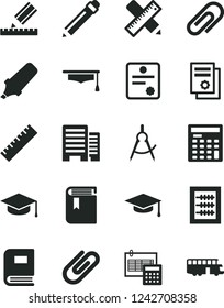 Solid Black Vector Icon Set - clip vector, graphite pencil, yardstick, book, new abacus, buildings, writing accessories, drawing, calculation, square academic hat, scribed compasses, graduate, bus