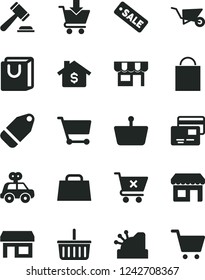 Solid Black Vector Icon Set - paper bag vector, grocery basket, hammer of a judge, motor vehicle present, building trolley, put in cart, crossed, with handles, cards, kiosk, label, stall, shopping