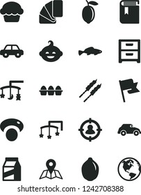 Solid Black Vector Icon Set - book vector, toys over the cradle, cot, motor vehicle, funny hairdo, sample of colour, map, flag, nightstand, package, bundle eggs, cake, barbecue, small fish, lemon