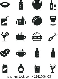 Solid Black Vector Icon Set - mug for feeding vector, measuring cup, bottle, bath ball, e, coffee, burger, a plate of milk, beans, glass soda, cocktail, can, half coconut, wine, champagne