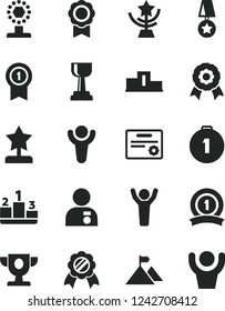 Solid Black Vector Icon Set - pedestal vector, medal, winner, prize, cup, gold, star, reward, man hands up, with, mountain flag, first place, pennant, ribbon, certificate