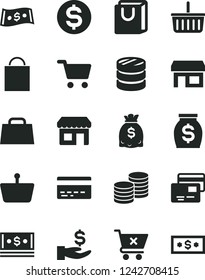 Solid Black Vector Icon Set - paper bag vector, grocery basket, bank card, crossed cart, with handles, cards, coins, kiosk, stall, shopping, column of, dollar, get a wage, money, dollars, cash, hand