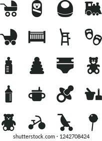 Solid Black Vector Icon Set - baby cot vector, dummy, mug for feeding, bottle, measuring, diaper, bib, stroller, carriage, summer, stacking rings, roly poly doll, toy sand set, a chair child, small